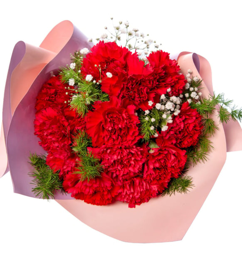 Lila Pembe Bukette Kırmızı Karanfiller