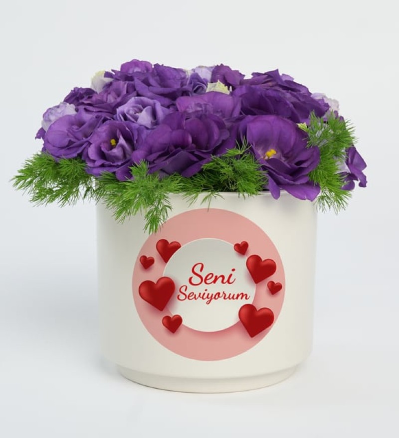 Seni Seviyorum Mesajlı Mor Lisyantus Aranjmanı